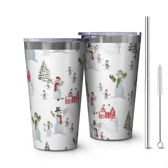 16oz Tumblers White Christmas Snowman Pattern Stainless Steel Vacuum Insulated Double Wall Travel Tumbler Cups Mug with Lid and Straw,Cleaning Brush for Coffee,Tea
