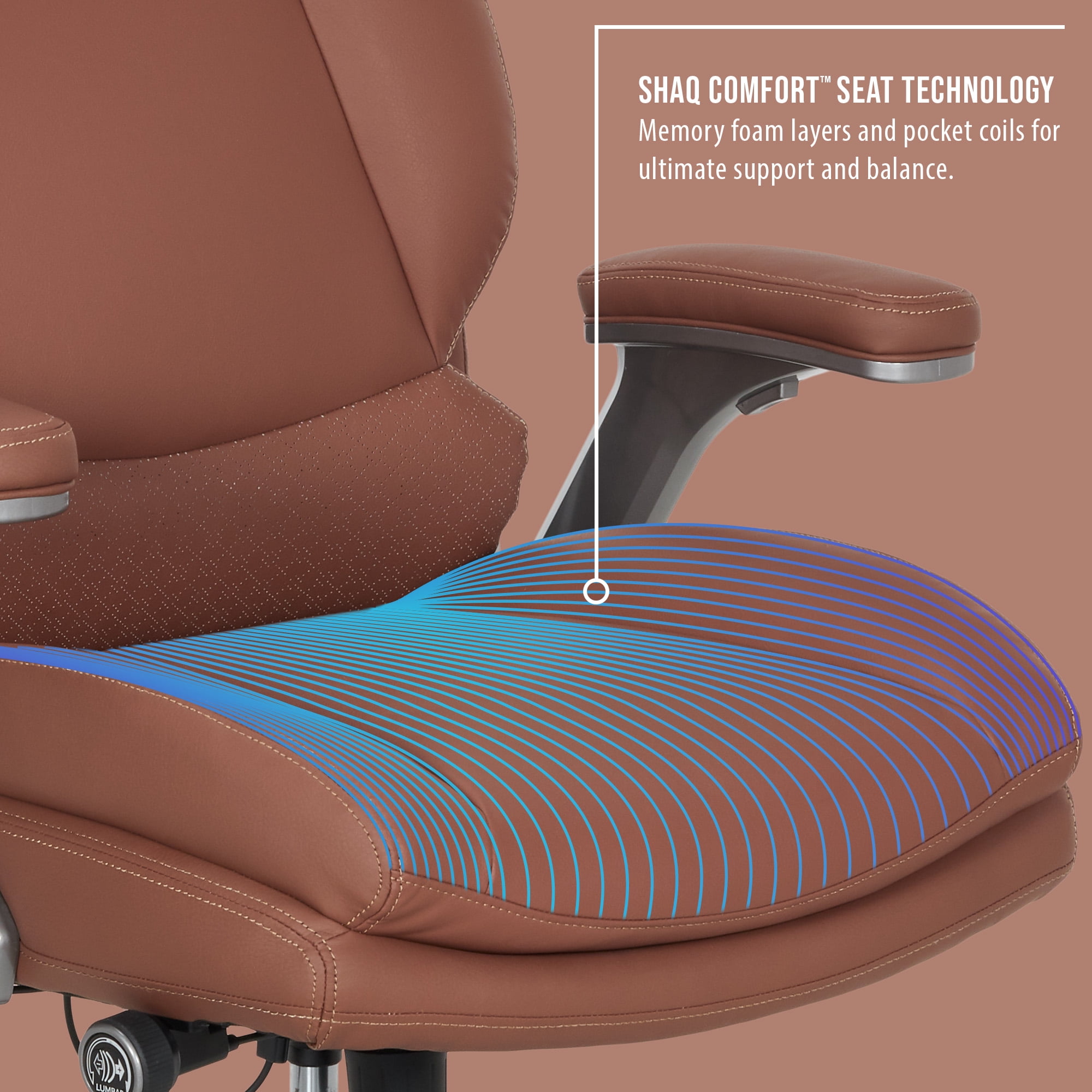 Shaq Tarvos Premium Ergonomic Big & Tall Office Chair, PureSoft Upholstery with Height Adjustable and Flip-Up Arms, Cognac Brown