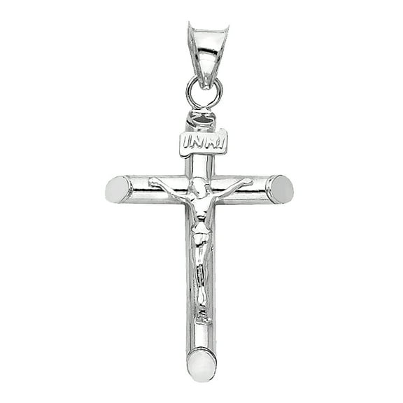 14k White Gold Bold Tube Cross Pendant High Polish Crucifix Jesus Christ Charm Jewelry Female Unisex