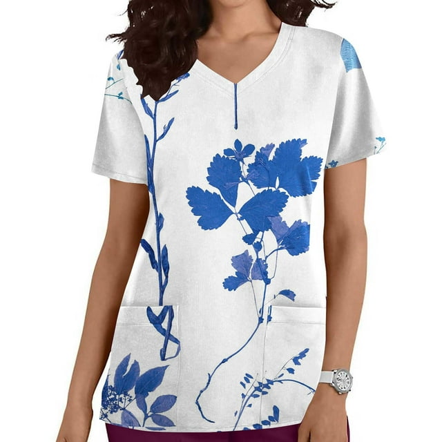 EGNMCR Sarraus pour Femmes Mode pour Femmes Col en V Imprimé de Feuilles de Plantes Manches Courtes Poche Combinaison Haut Cadeaux pour Femmes