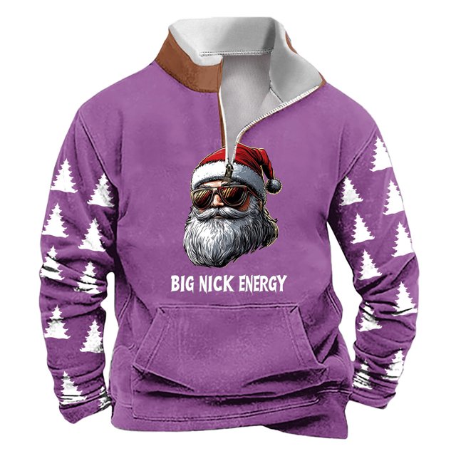 Sudadera sin capucha para hombre, de invierno, con cuello alto, cremallera, estampado navideño, jersey de manga larga, sudadera con capucha, blusa de poliéster para hombre