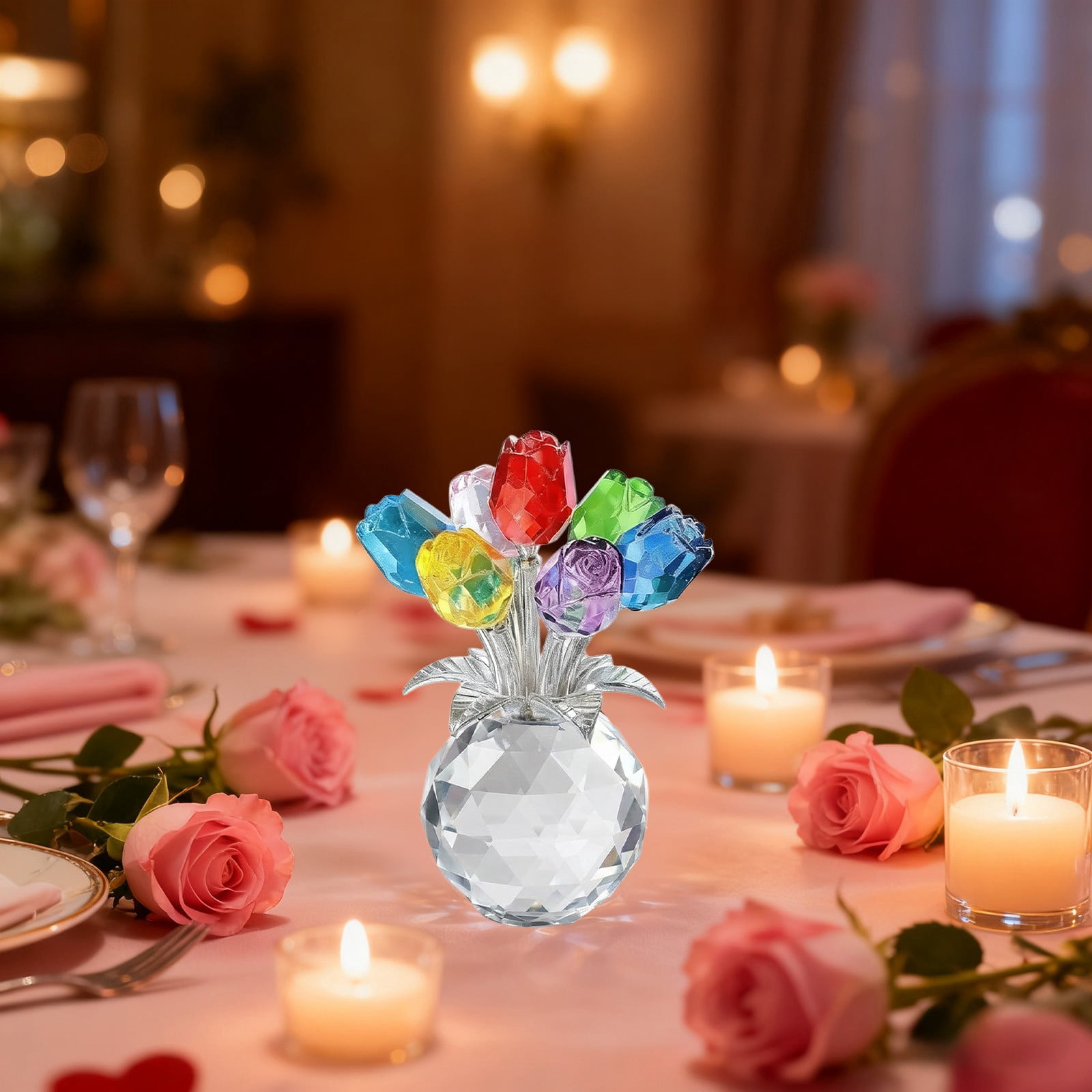 Colorful Multicolor Crystal Rose Bouquet Under Glass For Romantic Ambiance Ideal Gift For Lover And Decoration For Celebration