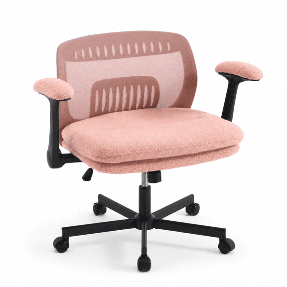 Nexthro Criss Cross Office Chair, Teddy Plush Seat Cushion, Breathable Mesh Back, Flip-Up Adjustable Arms, 330LBS Capacity, Swivel Tilt Function, Pink