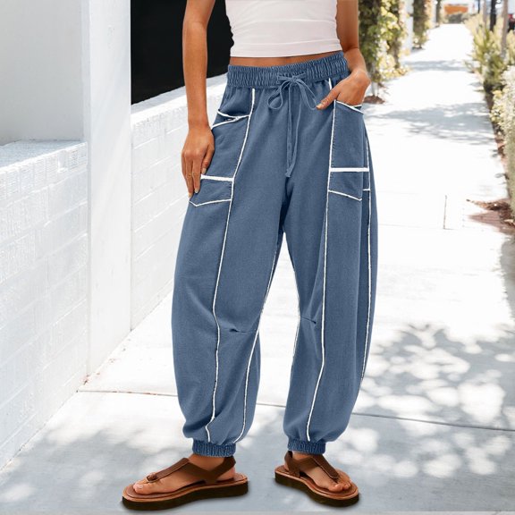 Resicozy Barrel Sweatpants Women Casual Drawstring High Waist Wide Leg Sweatpant with Pockets Lounge Baggy Pants Deep Sky Blue M