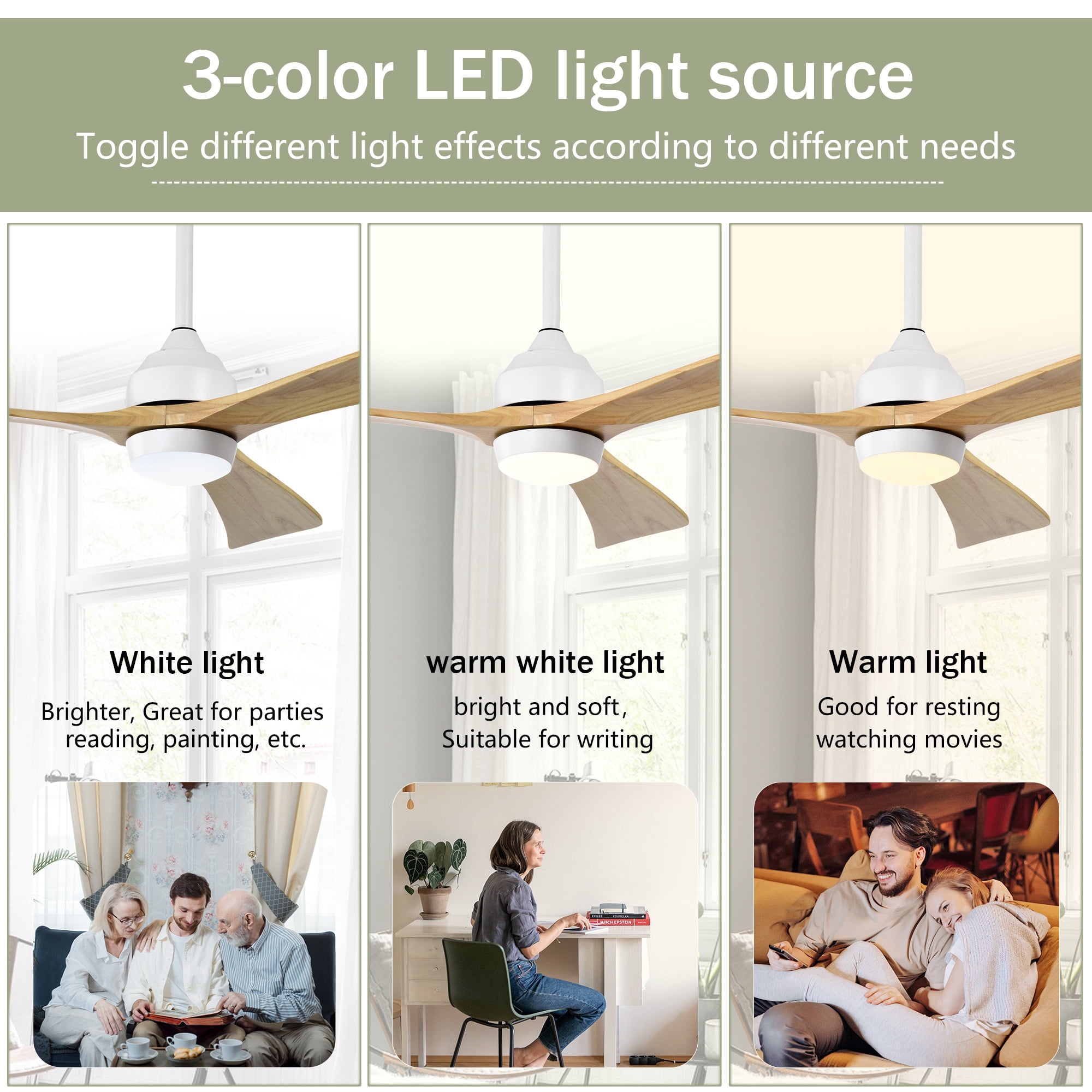 Leumius 52" Solid Wood Blades Ceiling Fan with Light and Remote Control,Quiet DC Motor 3 Blade Ceiling Fans 6 Speed Levels,Reversible for Patio Living Room Bedroom Office White+Natural