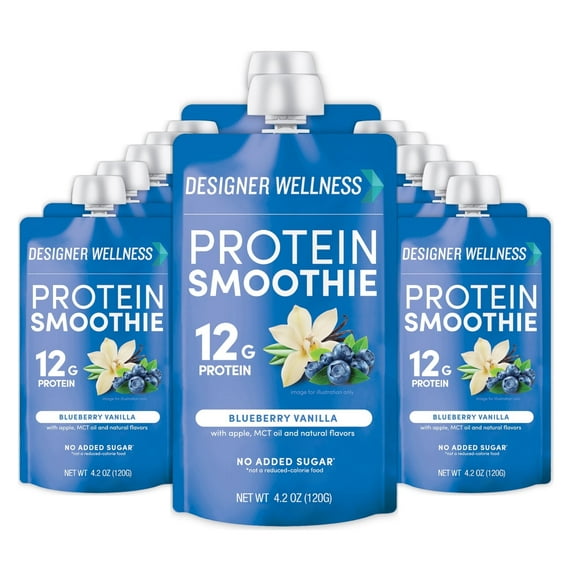 Designer Wellness Protein Smoothie, 12 Count, Blueberry Vanilla, Real Fruit, 12g Protein, Low Carb, Zero Added Sugar, Gluten-Free