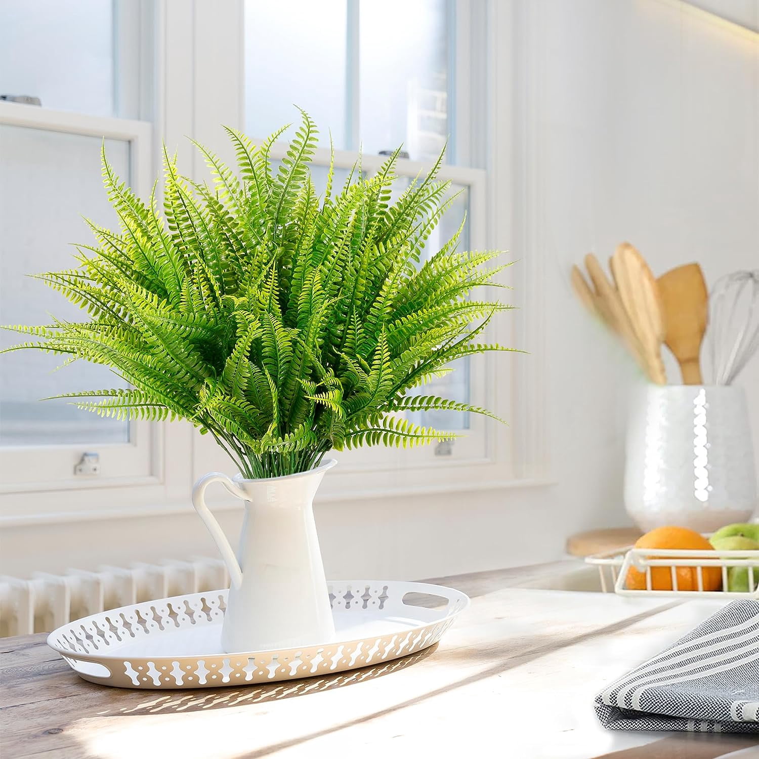 4PCS Artificial Boston Fern Fall Plant Fake Bushes Shrubs Outdoor Greenery UV Resistant Plants Faux Plastic Plants for Home Garden Indoor Fall Thanksgiving Autumn Decor (Green)