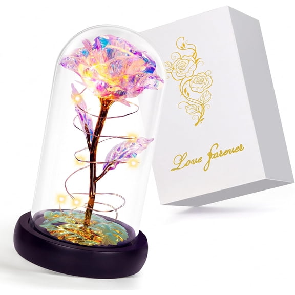 Light Up Rose in Glass Dome, Colorful Rainbow Flowers; suitable gifts for women, mom, wife, grandma for birthday, Christmas, anniversary, Valentine's Day, Mother's Day