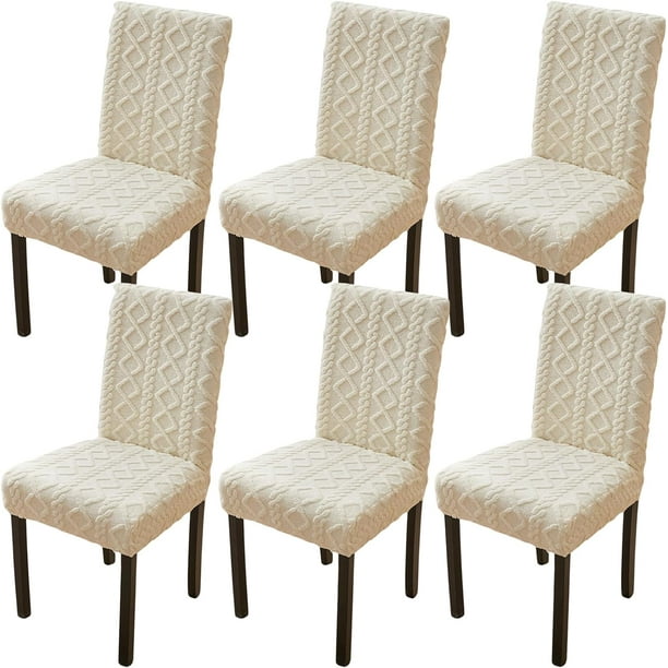 Nvzi 6 Pack Geometric Jacquard Plush Dining Chair Slipcover Removable Washable Soft Fuzzy Fluffy Chair Seat Protector Cover for Home Party Hotel Wedding Ceremony, Cream