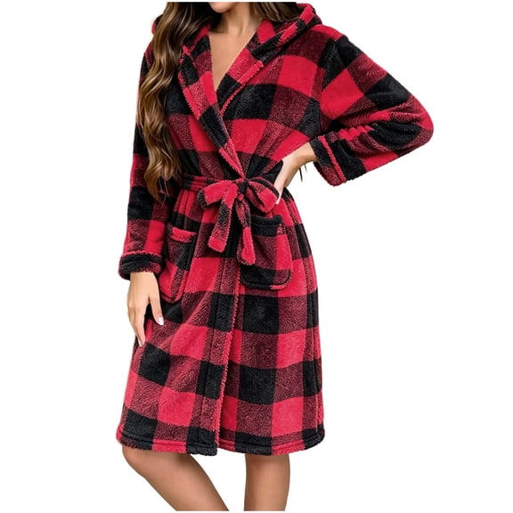 Aezemi Women Soft Long Hooded Robe Plaid Fleece Long Sleeve Knee Length Homewear Nightgown Pajamas with Pockets Housecoat Bathrobe for Relaxing Mornings, Peaceful Evenings, Everyday Home Moments