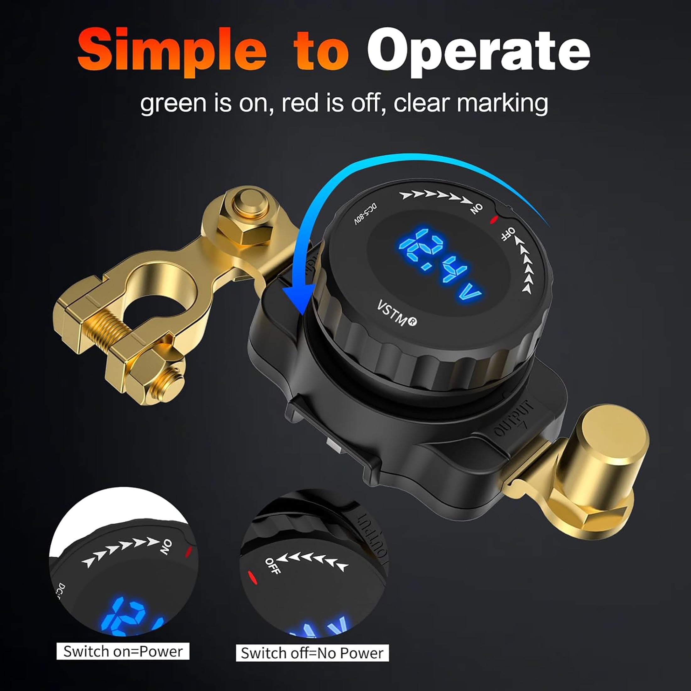 Top Post Battery Disconnect Switch with Voltmeter, 5V-80V Car Battery Disconnect Switch, Negative On/Off Master Isolator Power Cut Shut Off for Car, RV, Boat, Truck, ATV