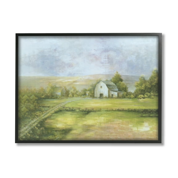 Stupell Industries Distant White Barn Vast Rural Farmland Fields Painting Black Framed Art Print Wall Art, Design by White Ladder