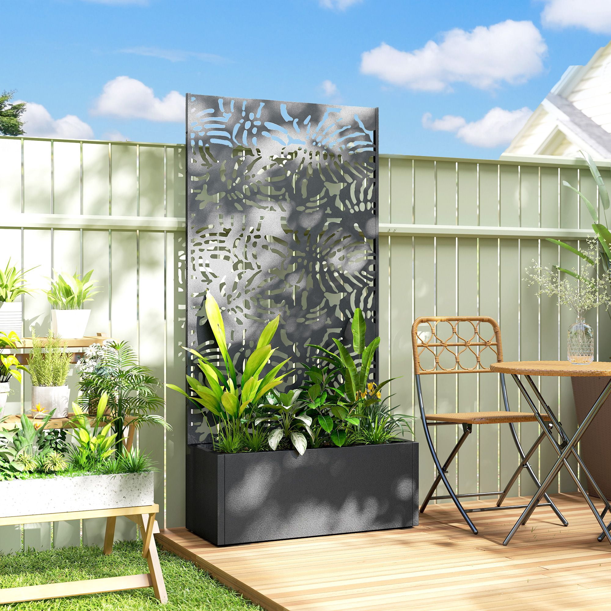 Alvantor Metal Privacy Screen with Planter Box,Freestanding Decorative Privacy Fence Screen with Trellis for Outdoor Gray