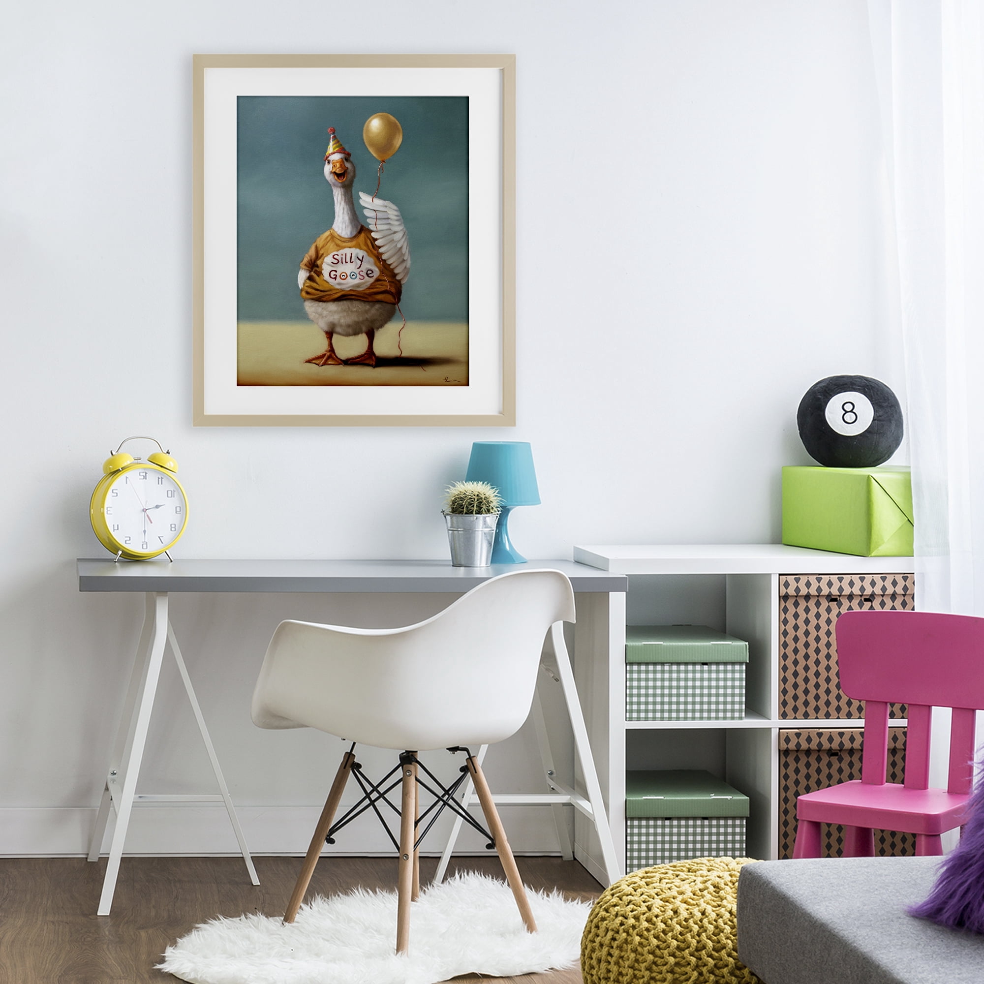 Stupell Industries Silly Goose with Balloon Birch Framed Print Under Glass, design by Lucia Heffernan