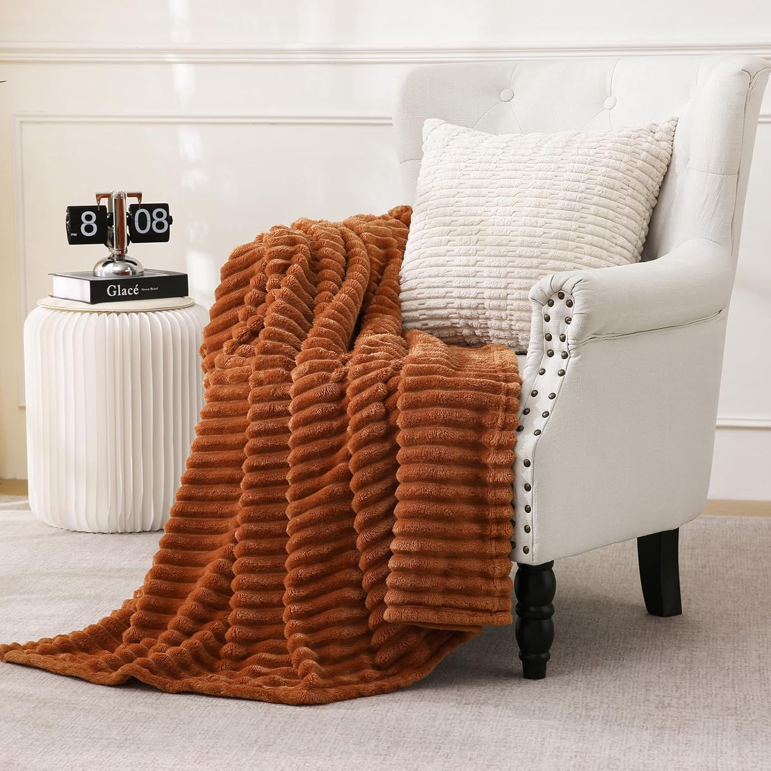 Sage Green Fleece Throw Blanket 50”×60” for Couch Sofa Bed,Super Soft Cozy Plush Microfiber Flannel Blanket with Stripes Design Lightweight for Adults,Woman,Girls