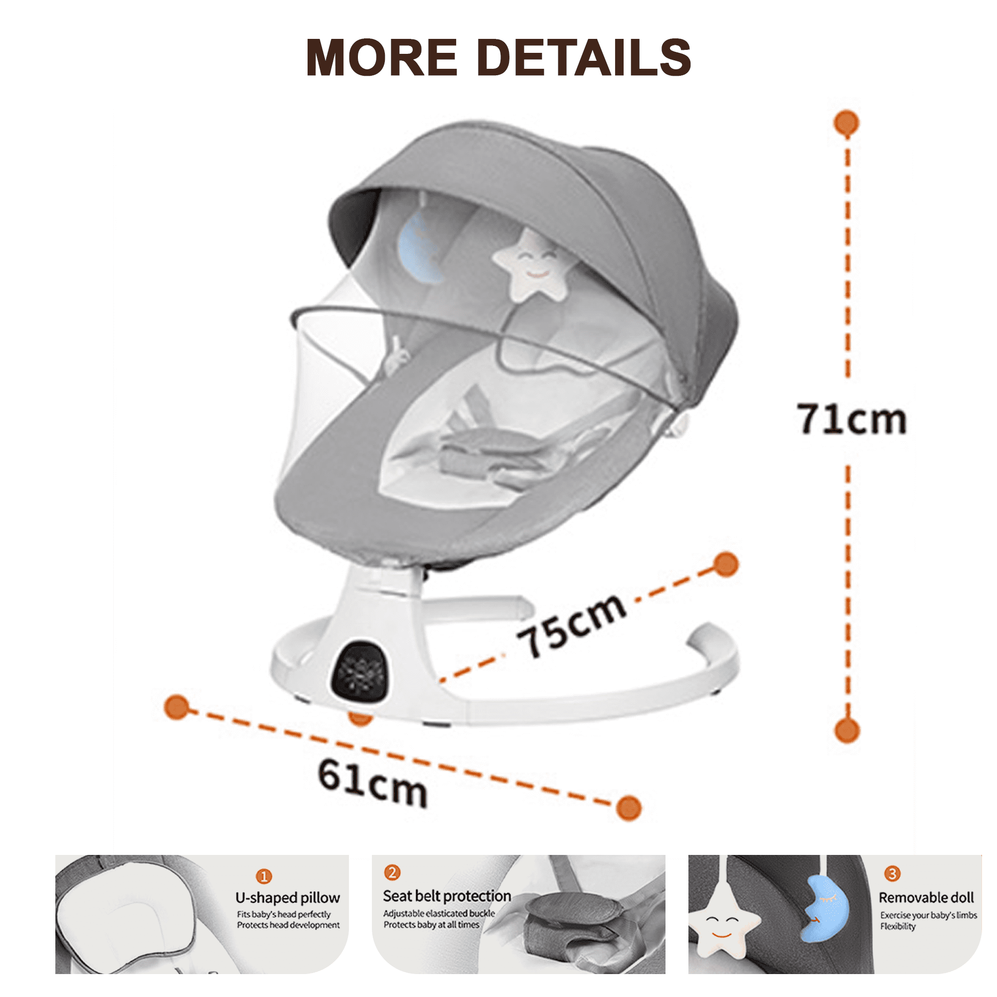 OEIKPFN Electric Baby Swing for Infants Bouncer for Boy Girl with Remote Control, 5 Speeds, 10 Music, Gray