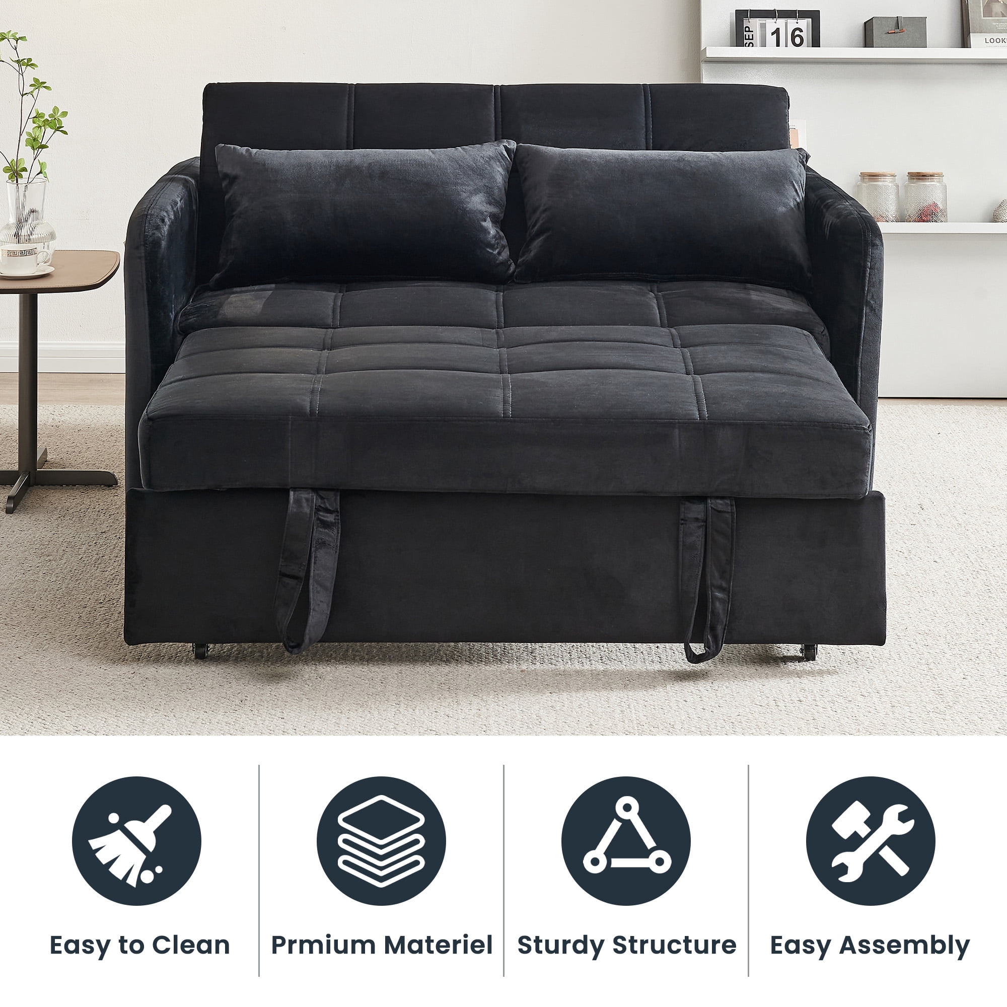 DEALTOPS 55.5" Pull Out  Loveseats Sleeper Sofa Bed with USB Ports and Side Pockets, Black