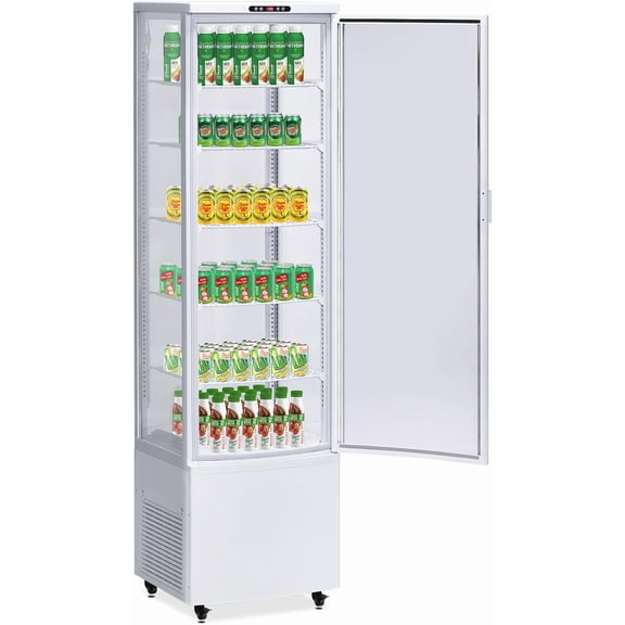 Homhougo Commercial Fridge Display Refrigerator, 10.9 Cubit Feet Beverage Cooler with Tempered Glass Door, Upright Merchandiser with 4 Castors, 5 Adjustable Shelves, Customizable Lightbox, 308L