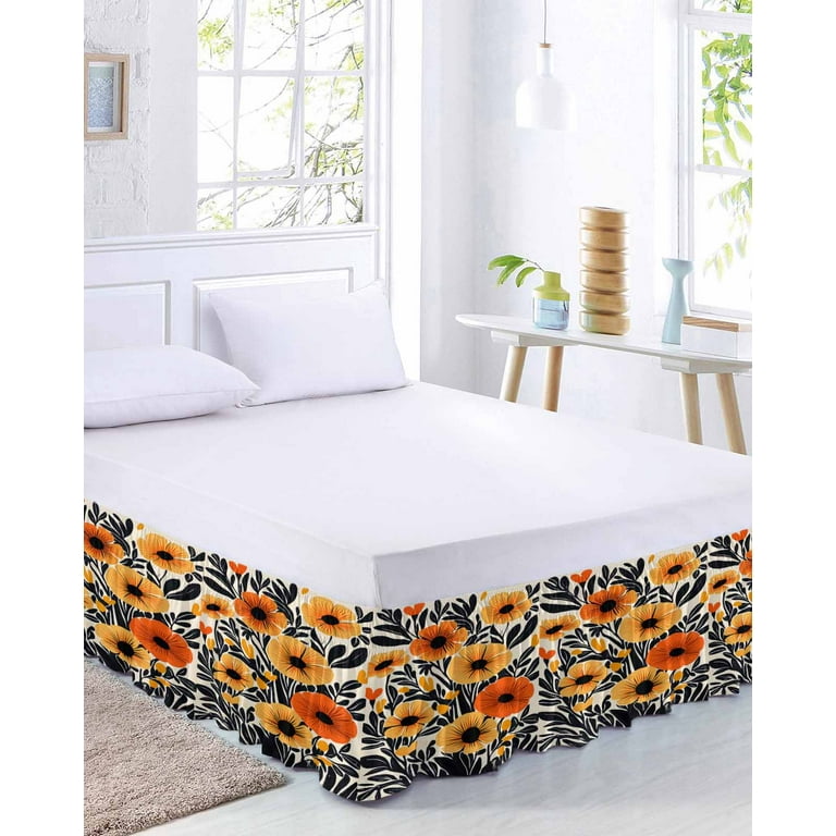 RisQiten Orange Spring Floral Bed Skirt Queen Size 18 Inch Drop