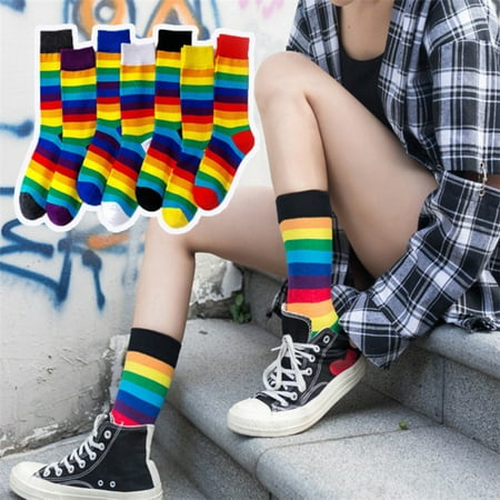 

1 Pair Women Stockings Anti-shrink Breathable Vibrant No Odor Super Comfortable Stripe Contrast Color Rainbow C