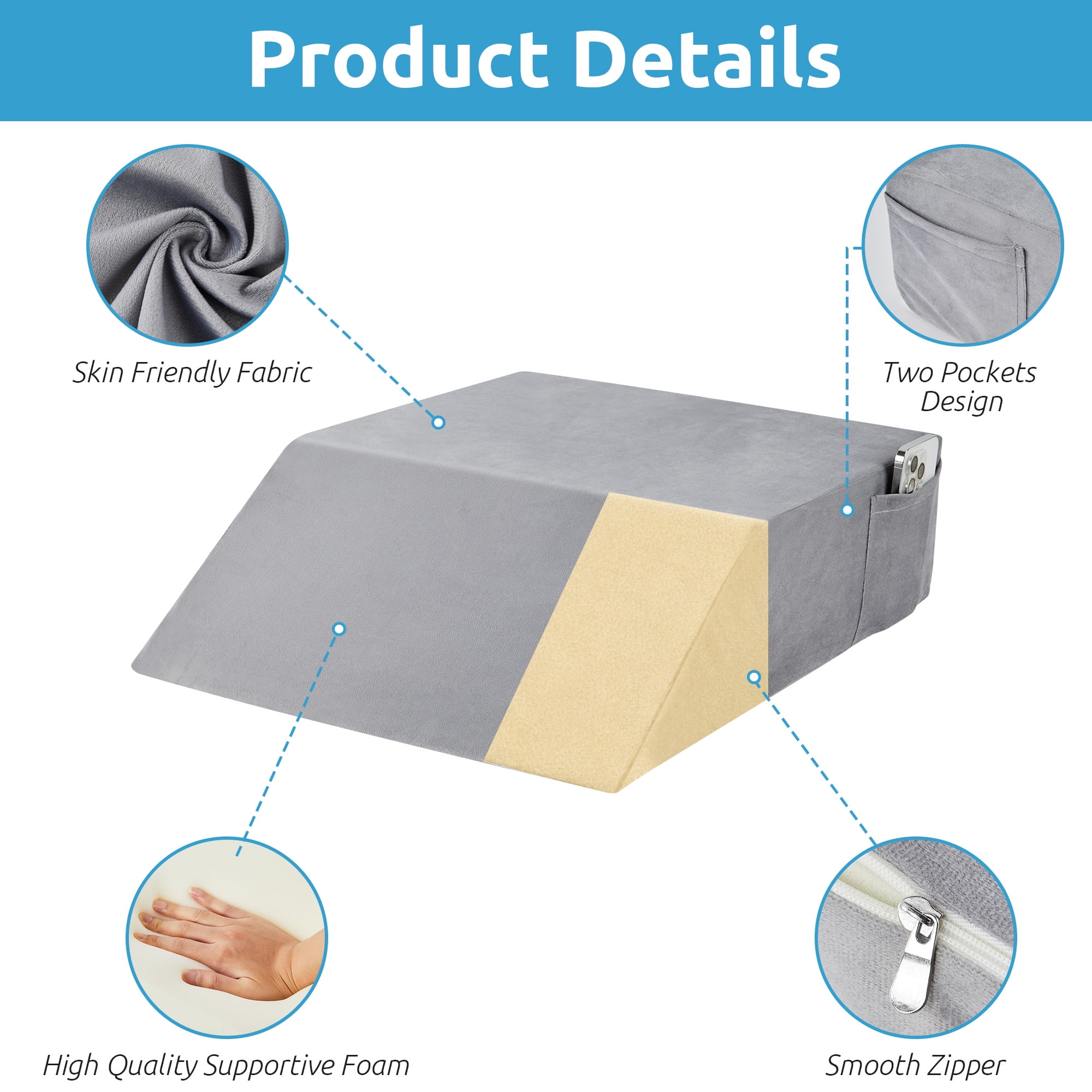MOONORAH Wedge Pillows for after Surgery, Leg Pillow for Sleeping, Back Pain Relief, Blood Circulation, Knee Elevating Pillow, Grey, Flannelette
