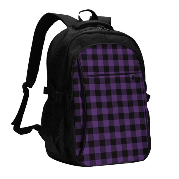 Disketp Purple Black Plaid Mochila de Viaje Estampada para Laptop con Puerto de Carga USB, Mochila Impermeable para Computadora – Regalo para Hombres y Mujeres