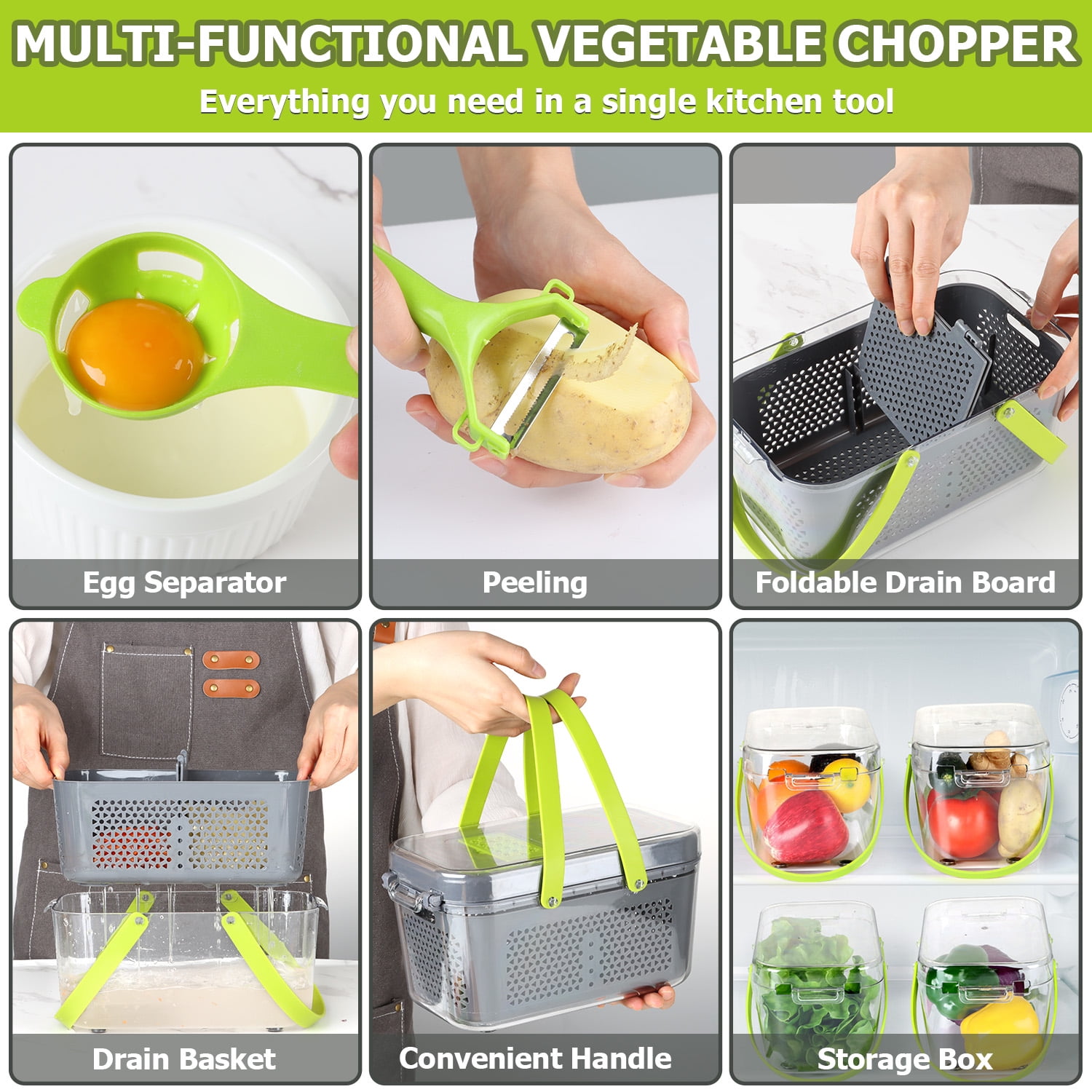 Vesteel 22 in 1 Vegetable Chopper, Multifunctional Onion Chopper Food Cutter Dicer Mandolin Slicer with Container and Colander Drain Basket - 13 Stainless Steel Blades