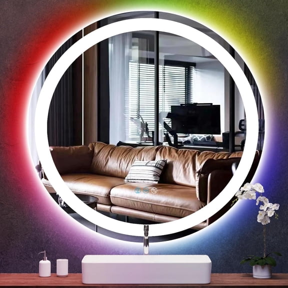 30 Inch LED Bathroom Mirror With Front Light 3 Colors Rainbow RGB Color Changing Backlit Round Lighted Mirror for Wall Anti Fog 30" Smart Circle Mood Light up Mirror