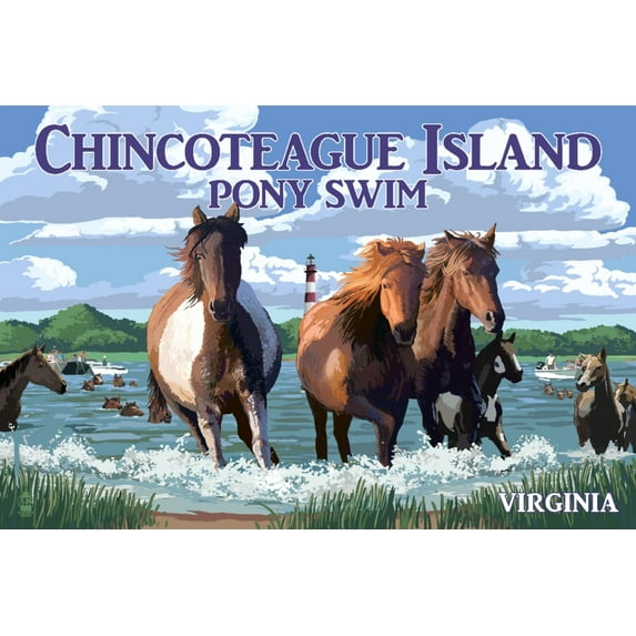 Chincoteague Island, Virginia, Pony Swim (Horizontal) (36x54 Giclee Gallery Art Print, Vivid Textured Wall Decor)