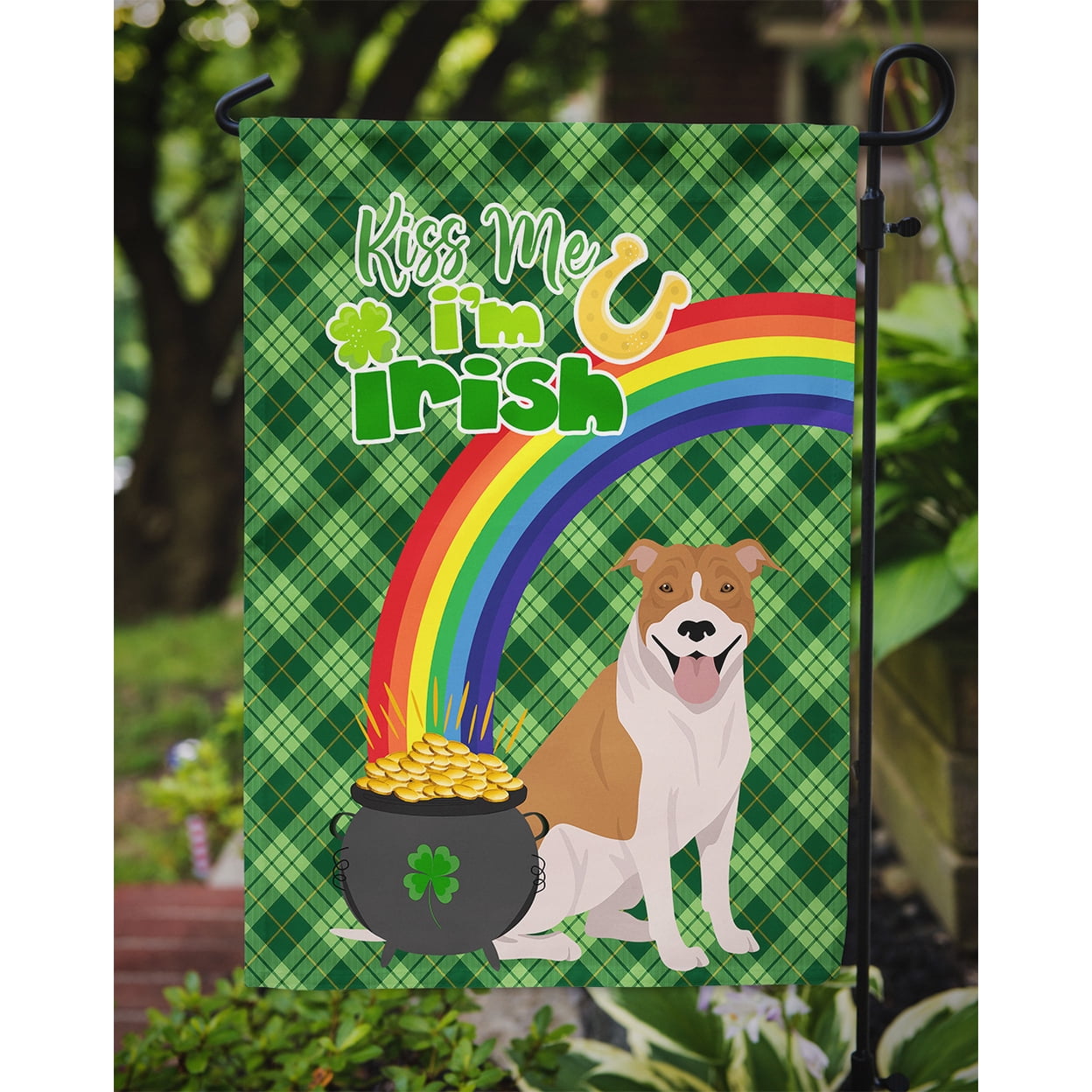 Red and White Pit Bull Terrier St. Patrick's Day Flag Garden Size 11.25 in x 15.5 in