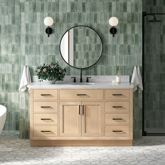 Ariel Hepburn 61 Inch Single Oval Sink Bathroom Vanity With Italian Carrara Marble Countertop 1.5 Inch Edge In Oak