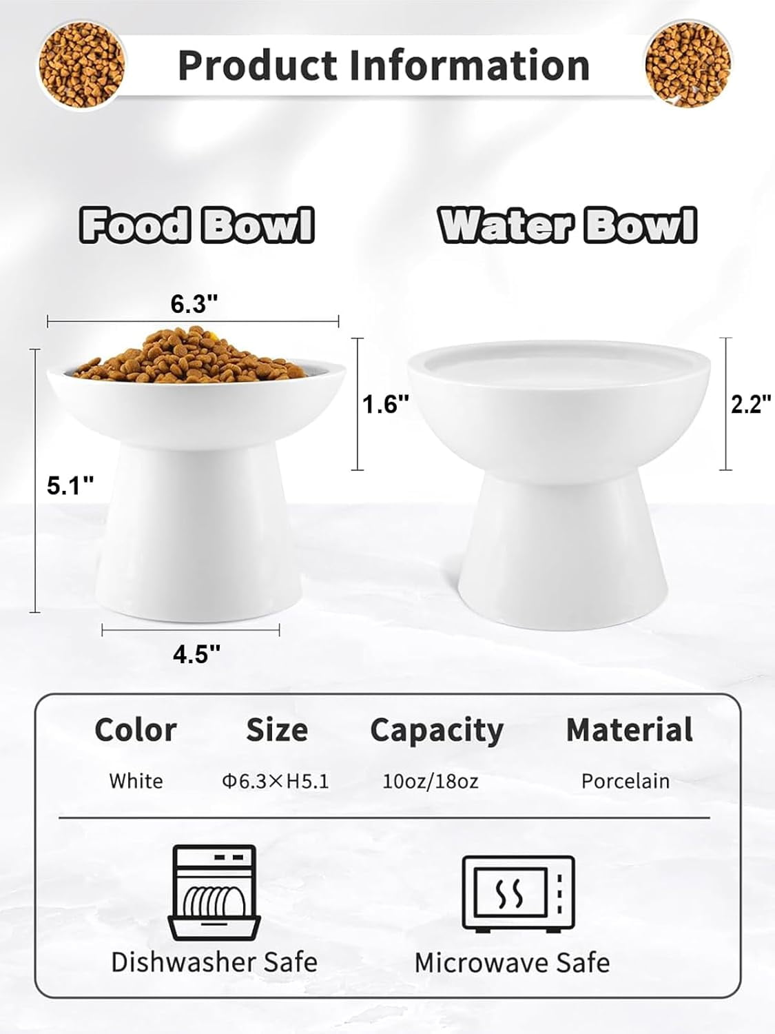 Elevated Cat Food and Water Bowls Set, Extra Wide and Raised Ceramic Bowls, Anti-Vomit Whisker-Free Pressure Cat Feeder for Kittens to Adult Cats and Small Dogs (White, Water Bowl)