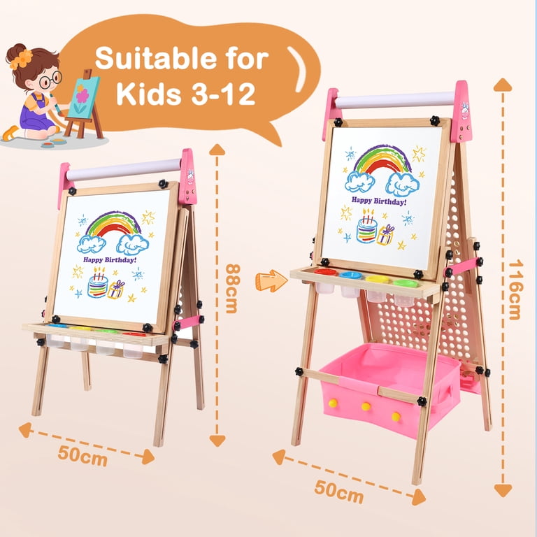Kids Art Easel With Adjustable Height & Chair - Magnetic Whiteboard Easel For Drawing & Writing