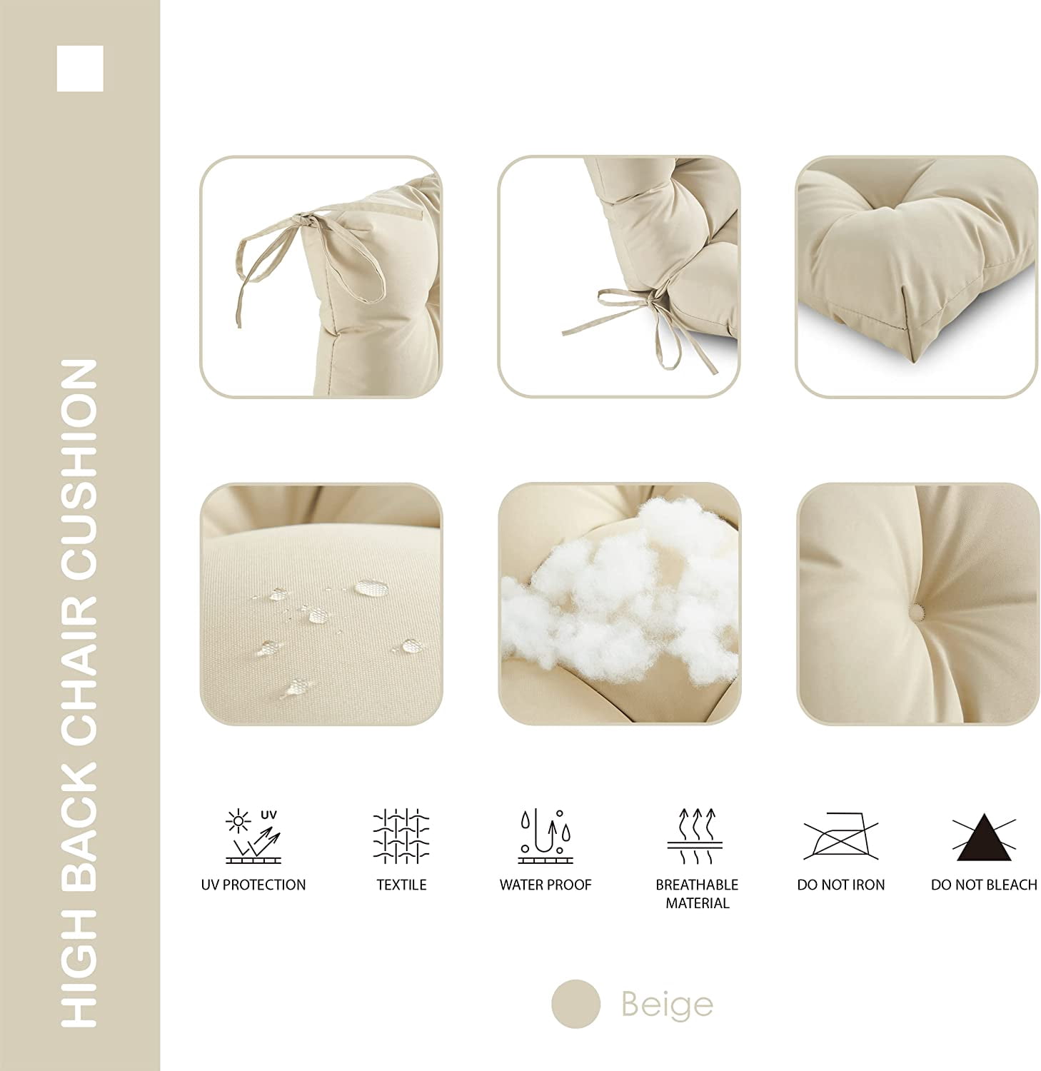 YOOZEKU Outdoor High Back Adirondack Rocking Chair Cushions set of 2,Waterproof Tufted Patio Seat Cushions for Outdoor Furniture with Ties,45x22 Inch, Beige