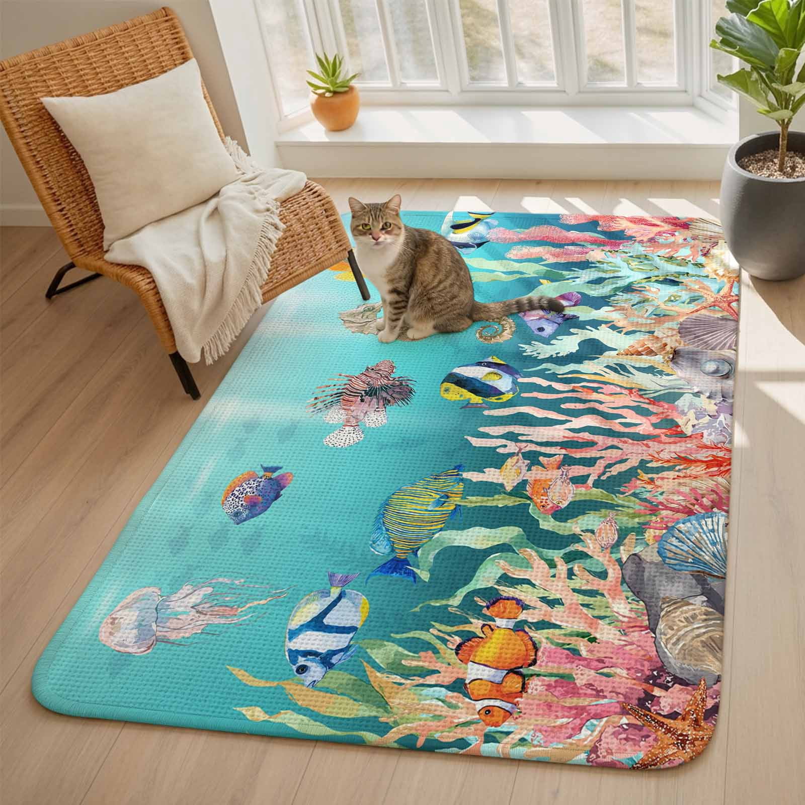 Coastal Ocean Front Door Mat Indoor Entrance, Seahorse Coral