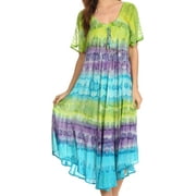 Sakkas Sula Long Laced Cotton Tie-Dye Wide Neck Embroidered Boho Sundress Cover Up - Green / Purple - One Size Regular