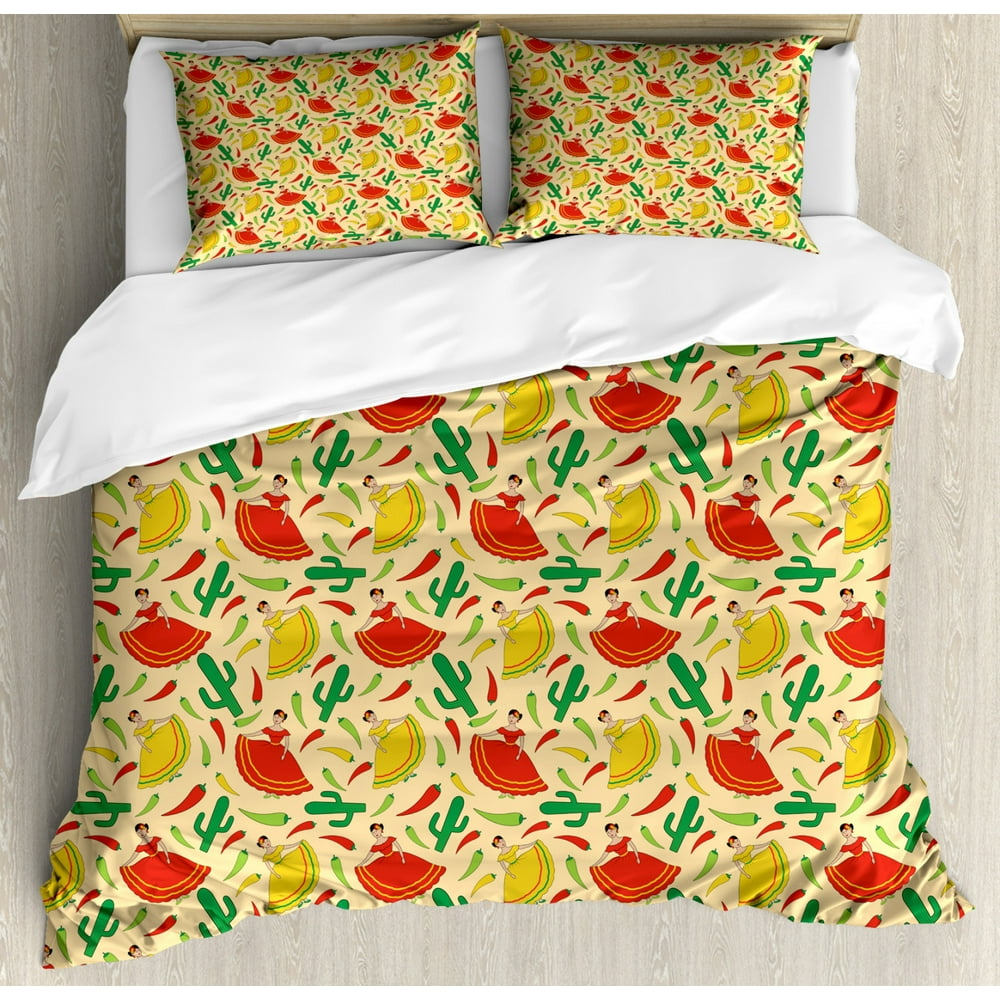 Spanish Duvet Cover Set Queen Size, Dancing Mexican Women Cactus and Chili Peppers Jalapeno
