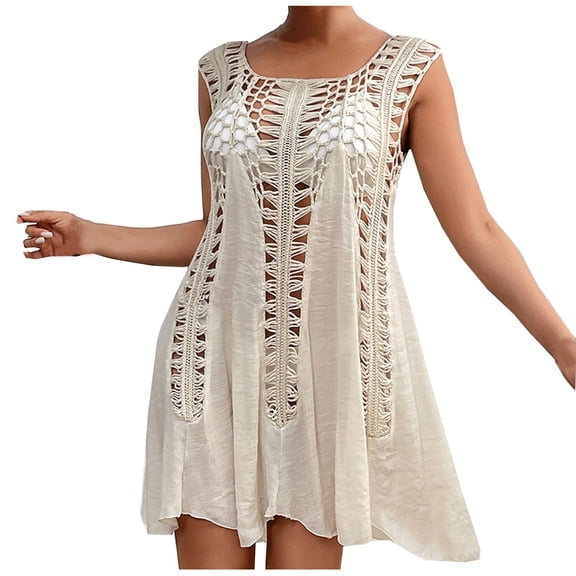Nfurl Swim Cover up for Women Flowy Summer Beach Sleeveless Crochet Cover ups Casual Hollow Out Bathing Suit Bikini Coverup Khaki Free Size