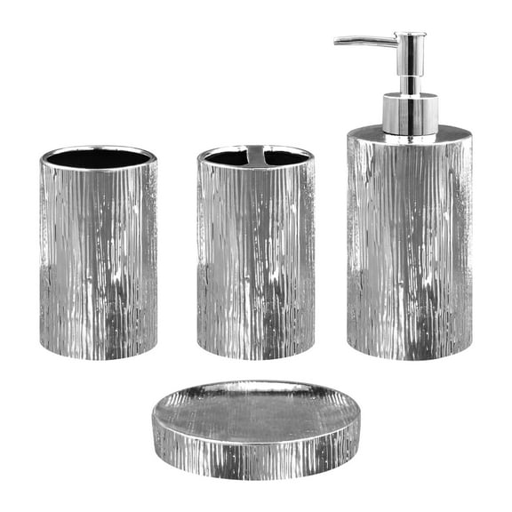 Bathroom Accessories Set, Toothbrush Holder, Soap Dispenser, Silver, Ceramic, 4 Piece