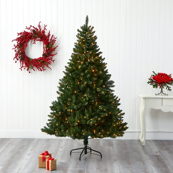 Nearly Natural Clear Prelit LED Green Decorated Spruce Christmas Tree, 7'