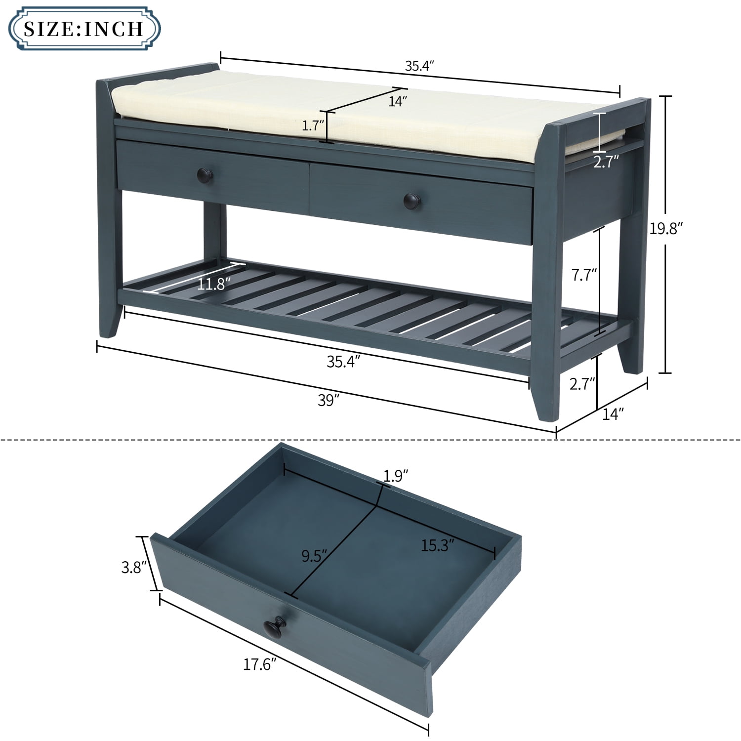 Harper & Bright Designs Shoe Rack with Cushioned Seat and Drawers, Multipurpose Entryway Storage Bench, Antique Navy