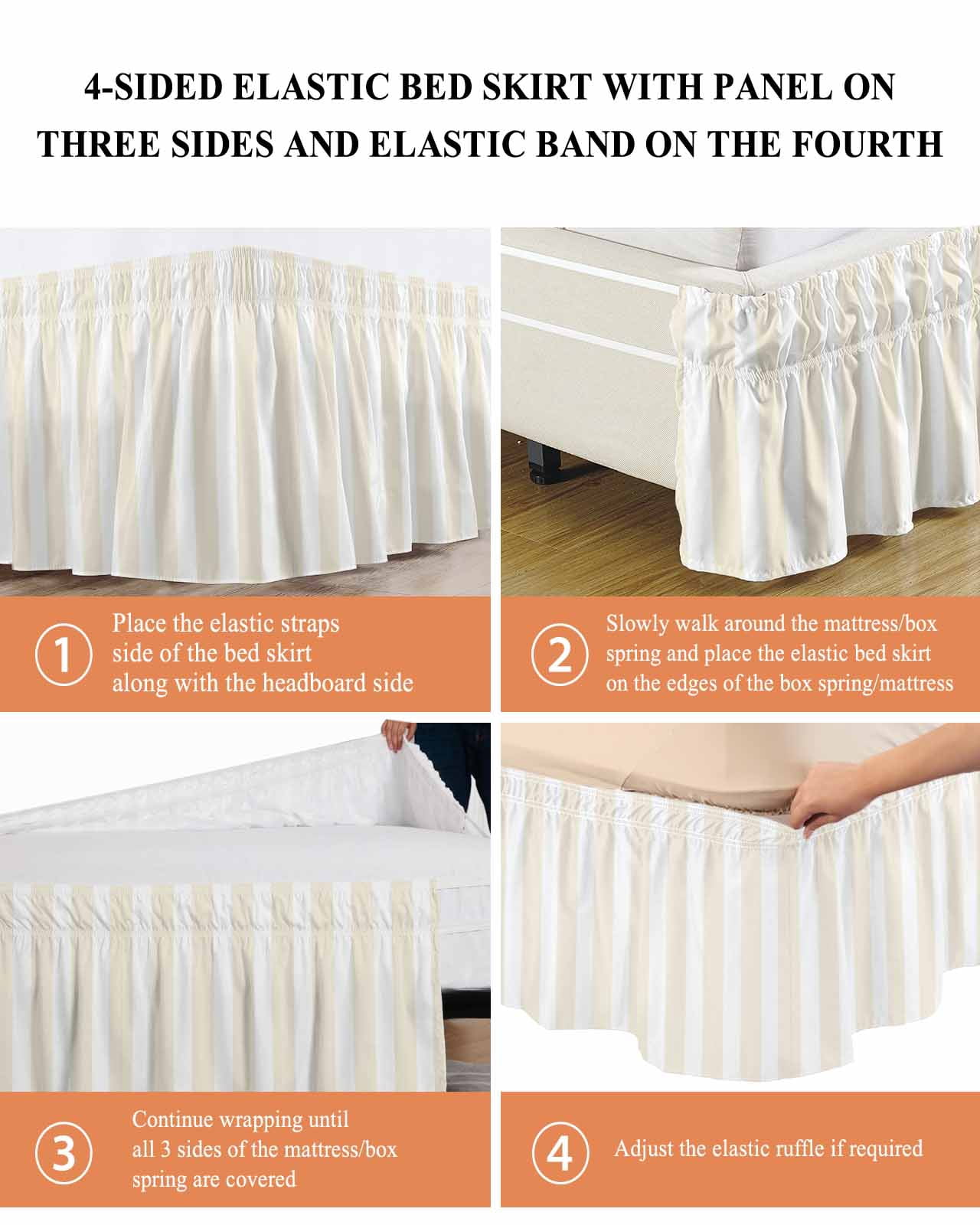 Cream Striped Bed Skirt Queen Size, Modern Farmhouse Cream White Stripes Wrap Around Bed Skirting with Adjustable Elastic Strap, Dust Ruffle Pleated Bedskirts 18 Inch Drop for Bedroom Queen Beds