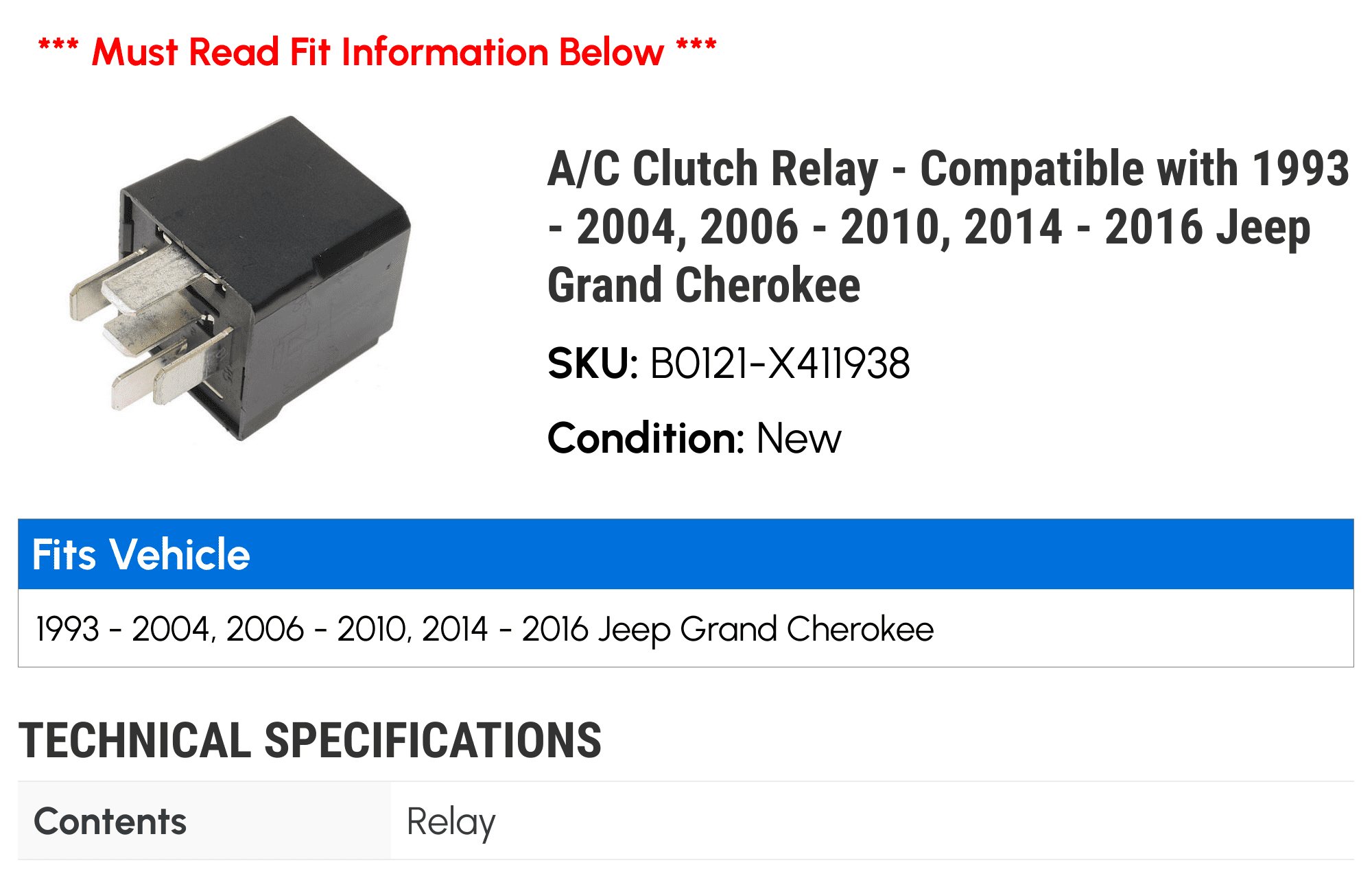 A/C Clutch Relay - Compatible with 1993 - 2004, 2006 - 2010, 2014 - 2016 Jeep Grand Cherokee 1994 1995 1996 1997 1998 1999 2000 2001 2002 2003 2007 2008 2009 2015