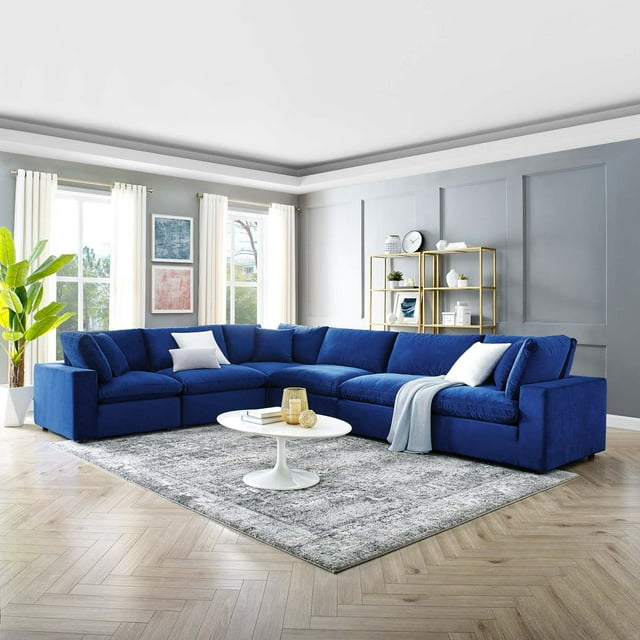Modway Commix Canapé Sectionnel 6 Pcs Surrempli en Velours de Performance Garni de Duvet, Bleu Marine