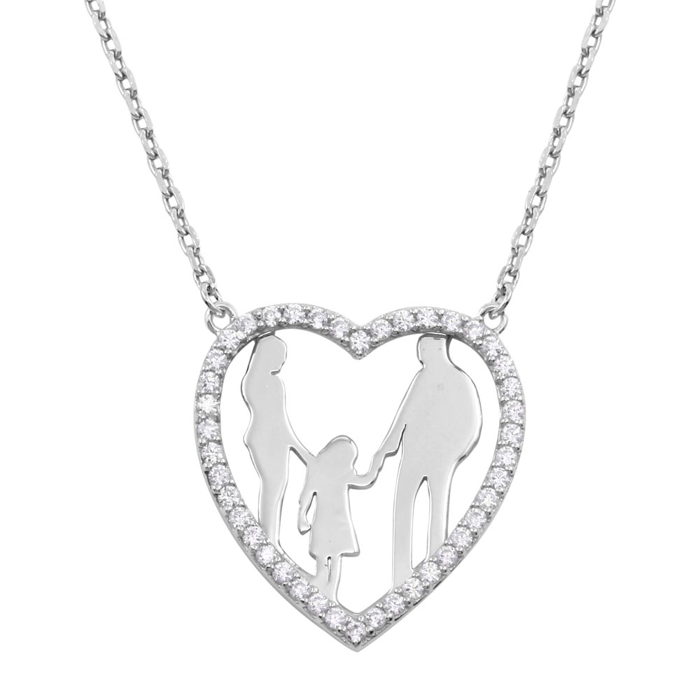 Cubic Zirconia Mom, Dad and Daughter Heart Family Necklace Sterling Silver, Infant Girl's, Grey Type