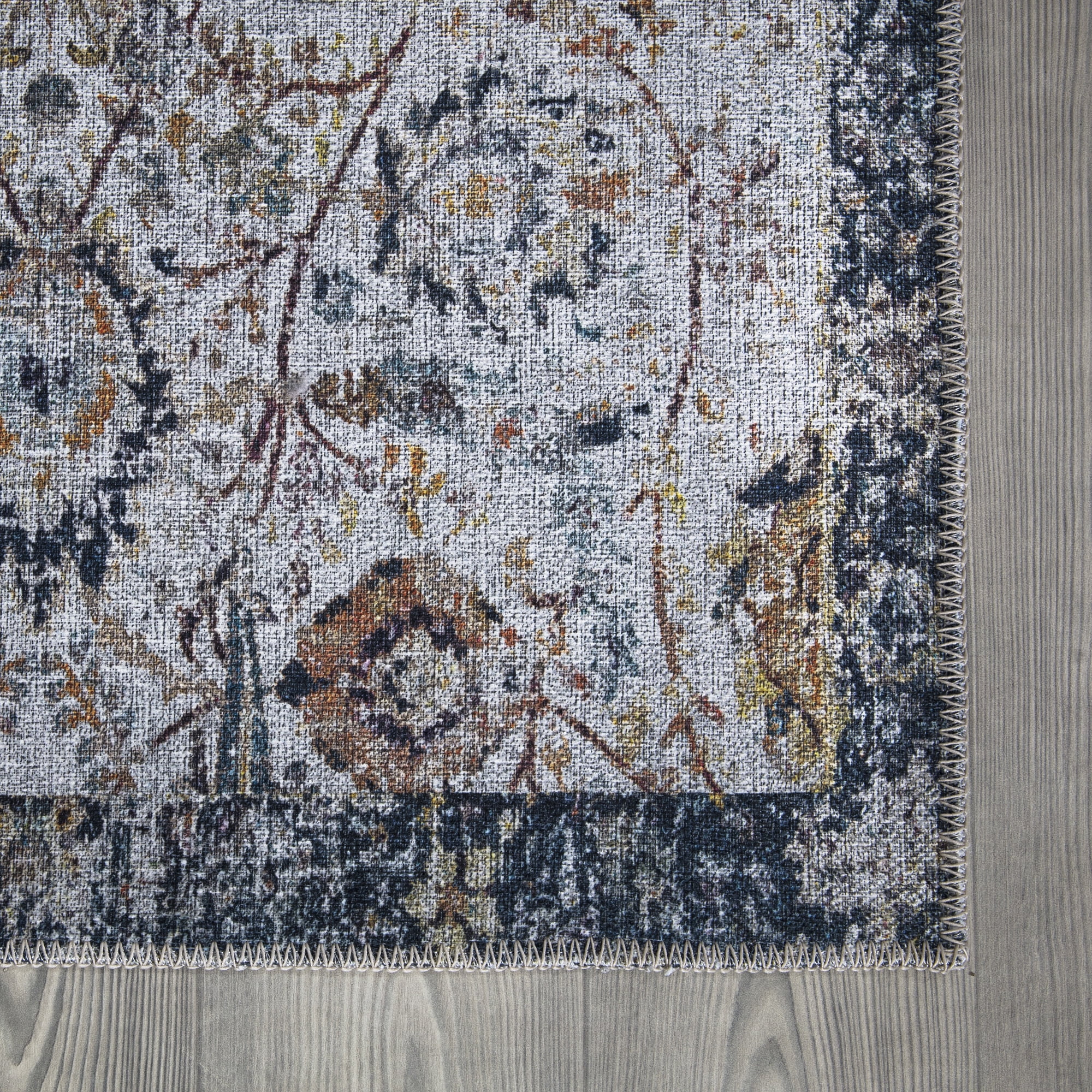 Ottomanson Machine Washable Cotton 3x6 Flatweave Runner Rug for Bedroom, 2'7" x 6', Gray/Blue Floral