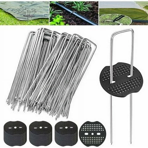 50 Pieces Garden Stakes with 50 Washers U-Shape Fixing Stakes Tarpaulin Fixing Galvanized Ground Anchors for Mulching Canvas (15x3cm)