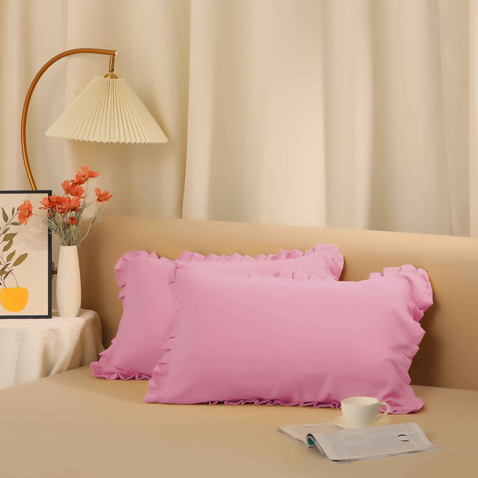 Unique Bargains 2Pcs Ruffled Edge Ruffled Envelope Closure Pillow Shams Dark Pink Queen