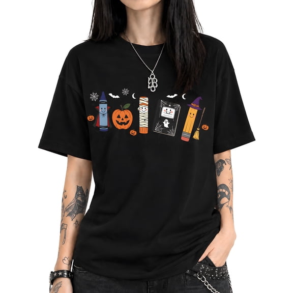 Women's Halloween Graphic T Shirt Cute Pumpkin Crayon Print Casual Short Sleeve Crew Neck Tee Black