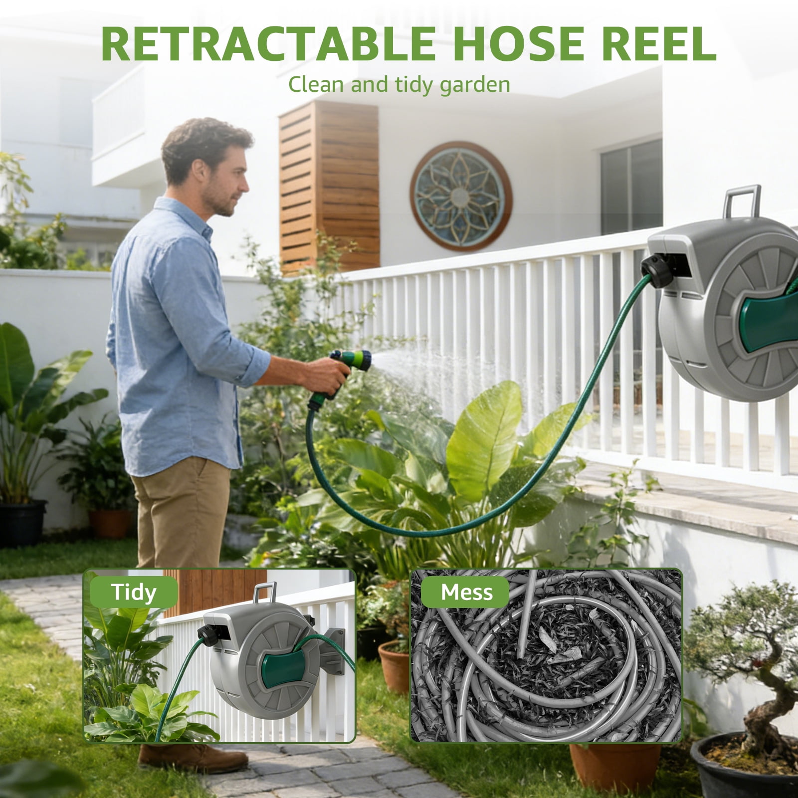 YXSC 100ft Retractable Garden Hose Reel 1/2", 2X Slower Safety Return System (10-11.5s), Heavy Duty Wall Mounted Water Hose Reel with 7-Way Nozzle, Any Length Lock & 180° Swivel, UV Resistant